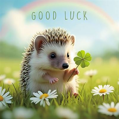 Hedgehog, Four Leaf Clover Good Luck Card