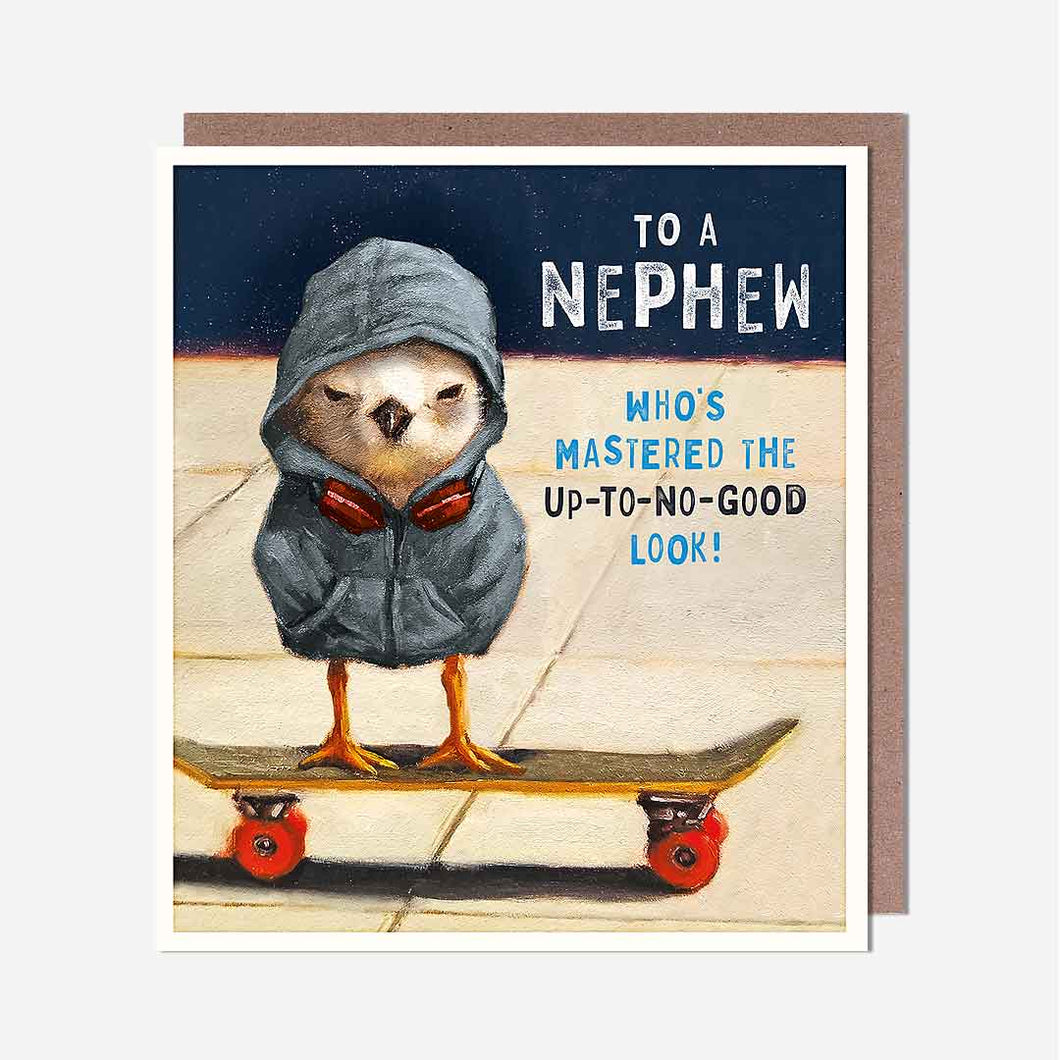 ‘Up-To-No-Good Look’ Bird Skateboard Nephew Birthday Card