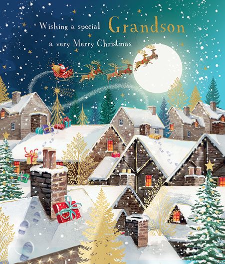 Santa Flying Over Village Grandson Christmas Card