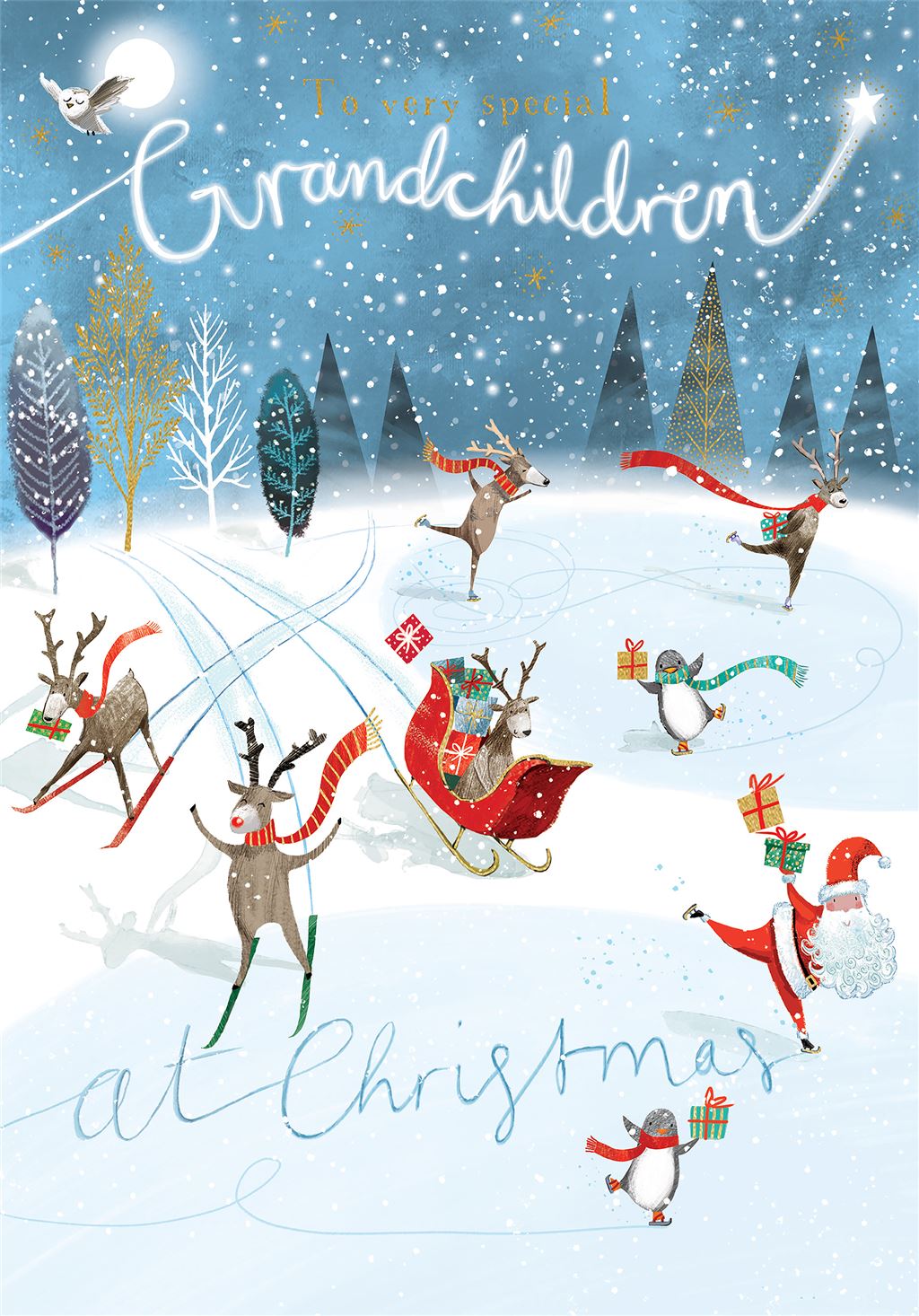 Skating Reindeer Grandchildren Christmas Card