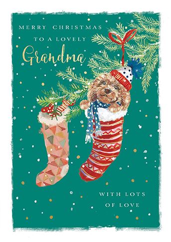 Grandma Christmas Card with Cockapoo in Christmas Stocking
