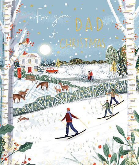 Dad Christmas Card with Skiers in Countryside