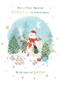 Godson Christmas Card with Snowman Rabbit and Hedgehog
