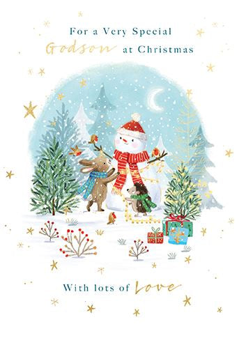 Godson Christmas Card with Snowman Rabbit and Hedgehog