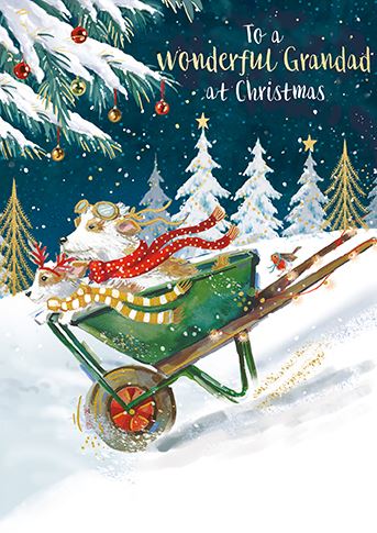 Grandad Christmas Card with Dogs in Wheelbarrow