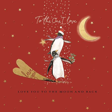 One I Love Christmas Card with Penguins & Moon