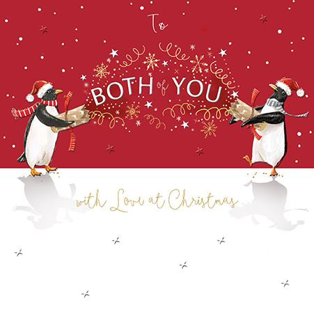 Both of You Christmas Card with Cracker Pulling Penguins