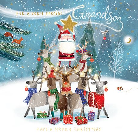 Grandson Christmas Card with Santa and Reindeer Tree
