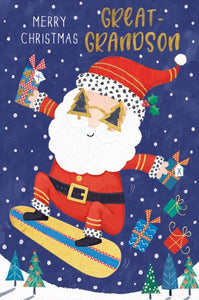 Santa Snow Boarding Great Grandson Christmas Card