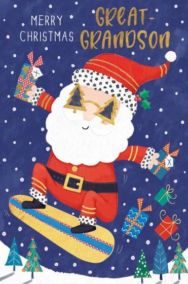 Santa Snow Boarding Great Grandson Christmas Card