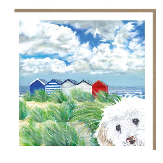Little White Dog with Beach Huts Card