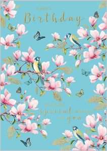 Magnolia Blossom And Bluetits Birthday Card