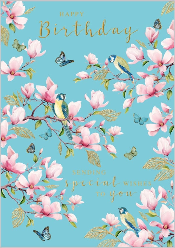Magnolia Blossom And Bluetits Birthday Card