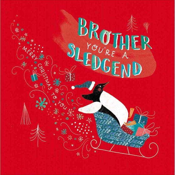 Sledging Penguin Brother Christmas Card