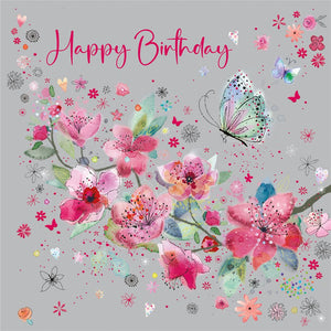 Pink Flowers Butterfly Birthday Card