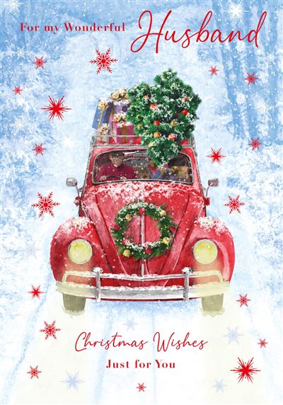 Wonderful Husband Red Beetle Car Christmas Card