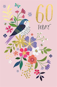 Bird and Flowers 60th Birthday Card