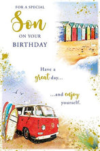 Load image into Gallery viewer, Camper Van Beach Scene Surfing Son Birthday Card
