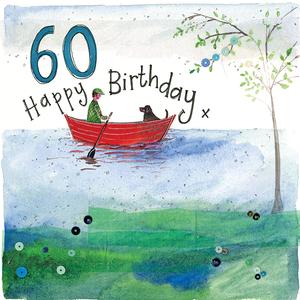 60th Rowing Boat And Black Dog Birthday Card