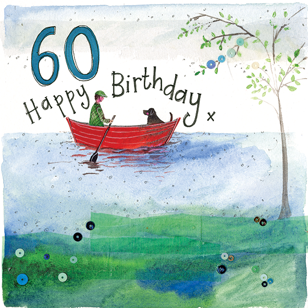 60th Rowing Boat And Black Dog Birthday Card