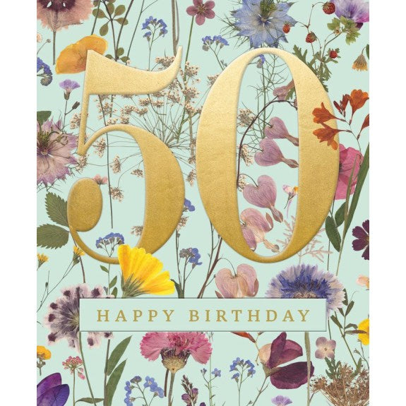 V&A Teal Floral 50th Birthday Card