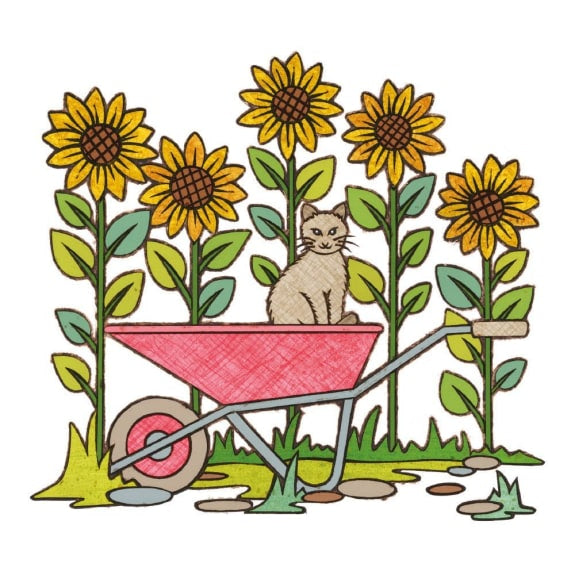 Cat With Sunflowers And A Wheel Barrow Blank Card