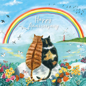 Ginger Cat With Tortoise Shell Cat Under A  Rainbow Anniversary Card