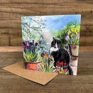 Cat And Tulips Blank Card