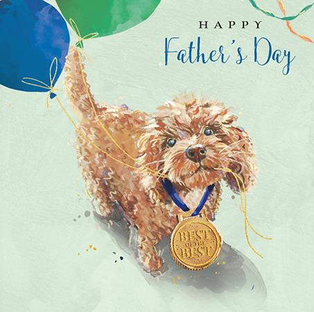 Little Dog With Balloons And Medal Father’s Day Card