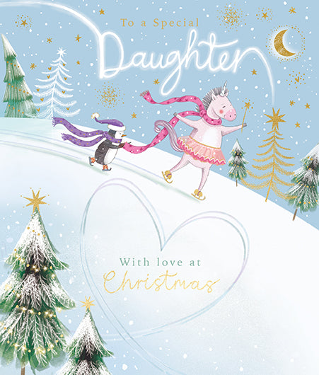 Daughter Christmas Card with Skating Unicorn and Penguin