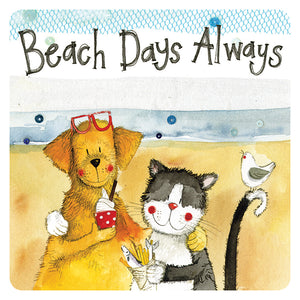 Beach Days Dog With Black and White Cat Coaster by Alex Clark