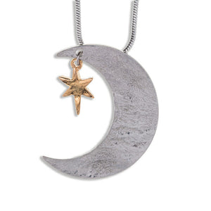 Two Tone Moon & Star Pendant Necklace