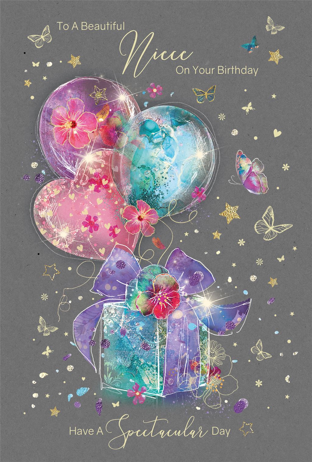 Beautiful Niece Balloons, Present & Butterflies Birthday Card