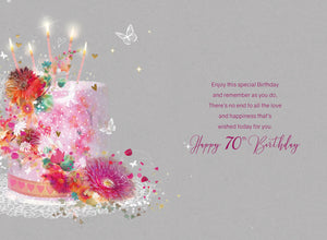 70th Birthday Card, Enjoy Your Special Day, Pink Cake & Butterflies