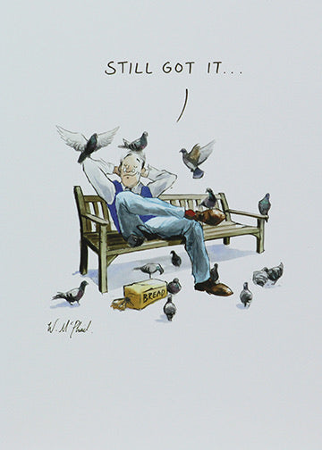 Pigeon/ Gentlemen Sat On Park Bench Feeding Birds Humour Blank Card