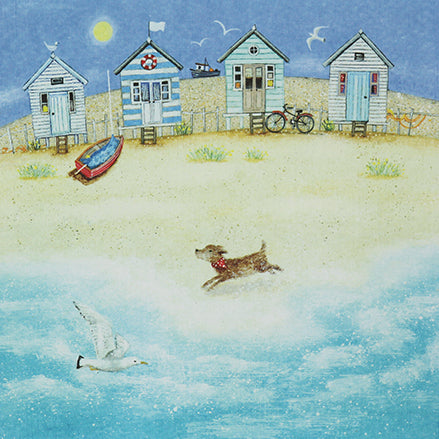 Sea Side with Beach Huts and Dog Card