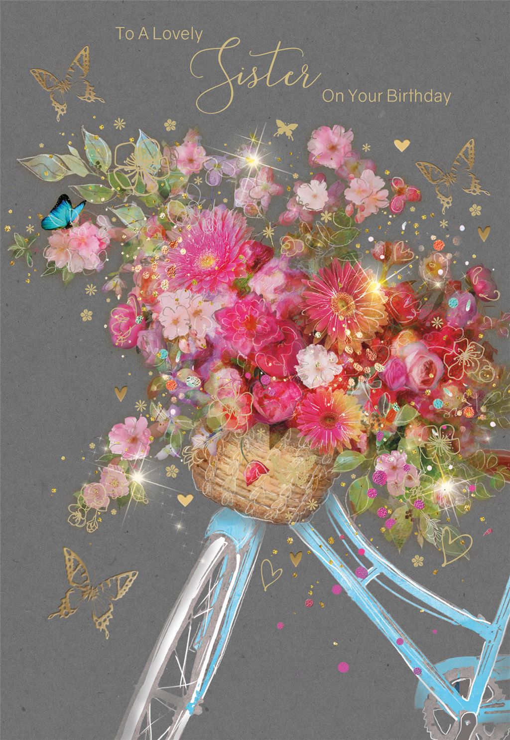 To A Fabulous Sister Birthday Card, Bike With Basket of Flowers