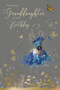 To A Lovely Granddaughter, Butterflies, Girl in Blue Dress, Birthday Card