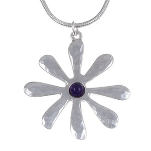 Pewter Dahlia Pendant On a A Snake Chain  With Amethyst Glass