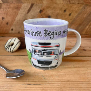 Motor Home ‘ Adventure Begins Here’ Mug by Alex Clark