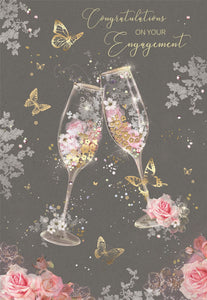 Pink Roses, Champagne Glasses, Butterflies Engagement Card