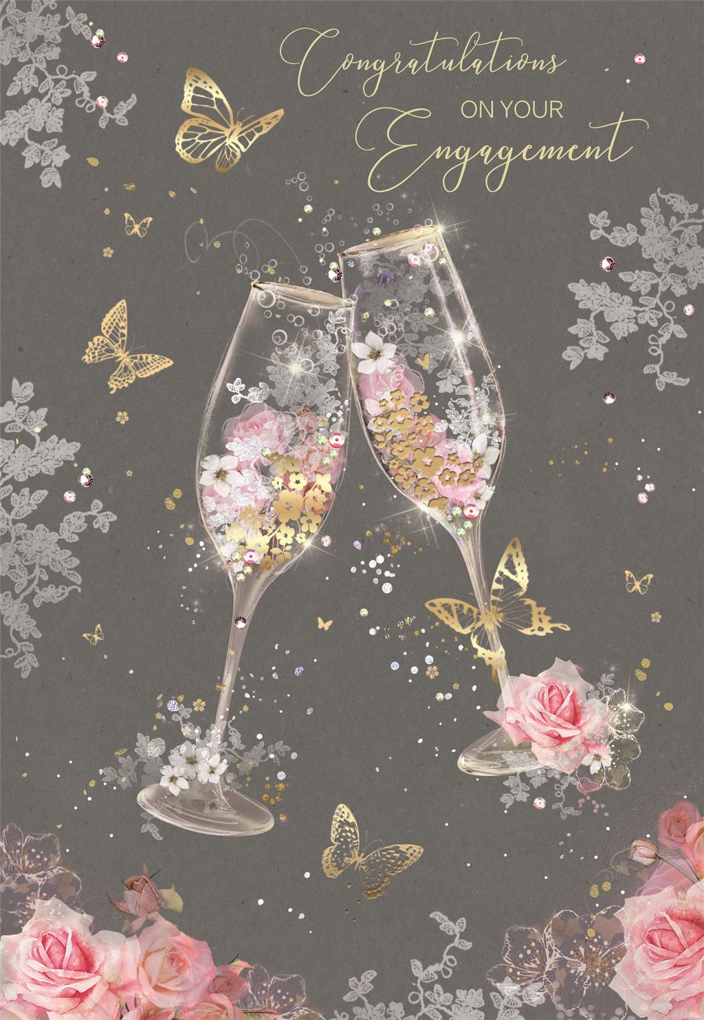 Pink Roses, Champagne Glasses, Butterflies Engagement Card