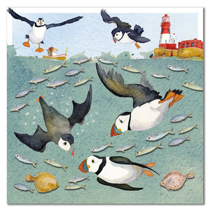 Diving  Puffins Blank Card By Emma Ball