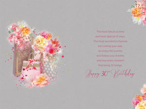 30th Birthday Card with Pink Flowers & Presents