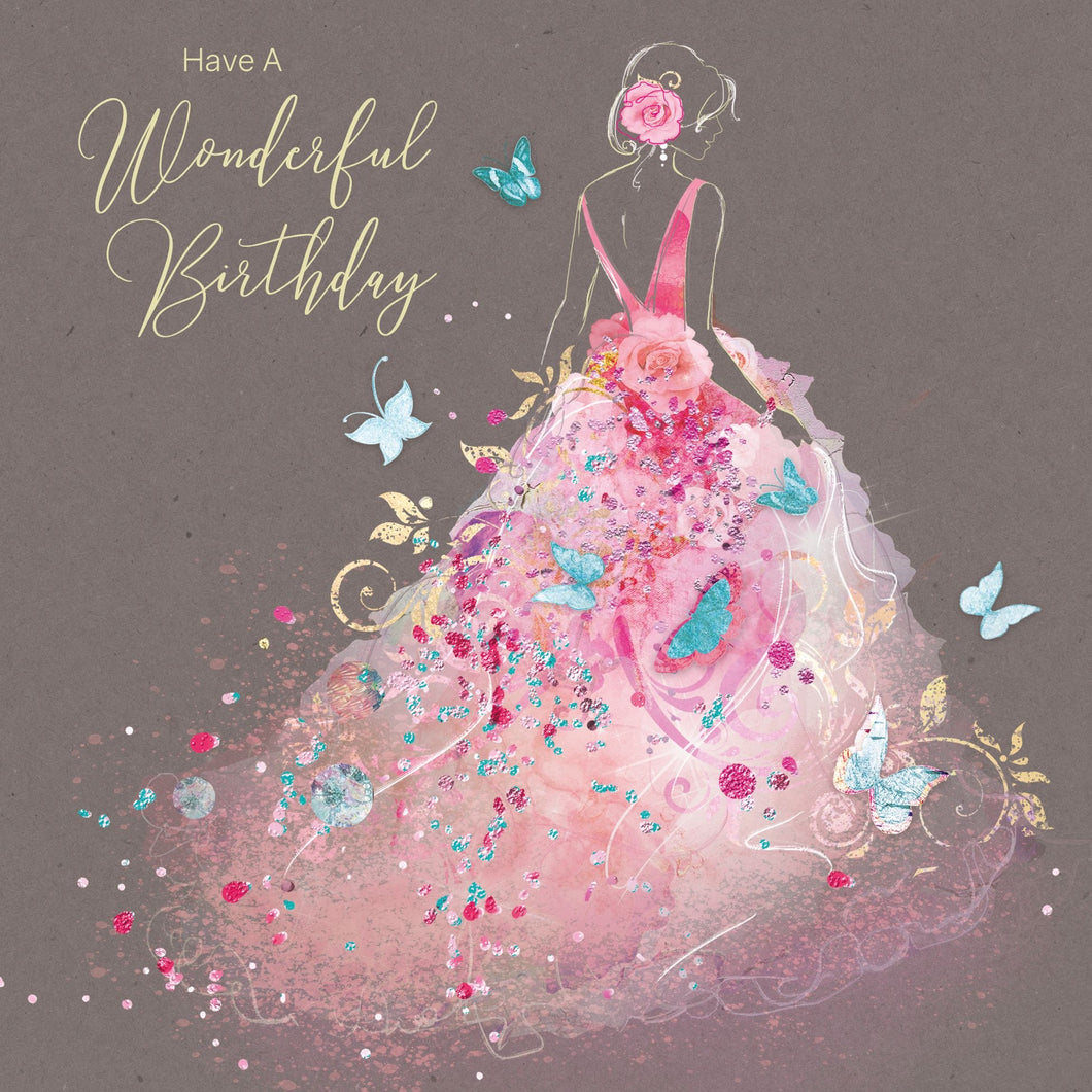 Pink Dress & Butterflies Birthday Card