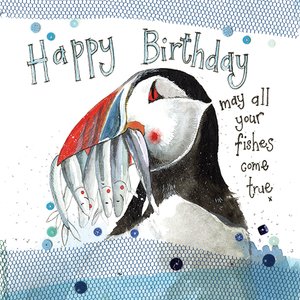 Puffin Eating Fish Birthday Card by Alex Clark