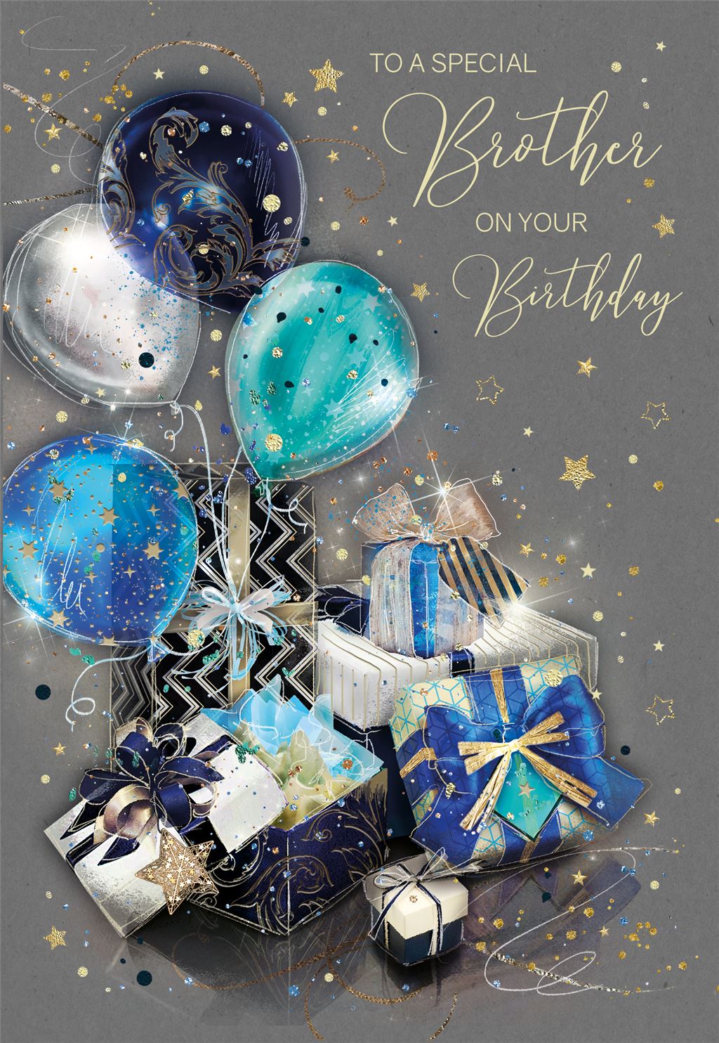 Blue Balloons and Presents Brother Birthday Card