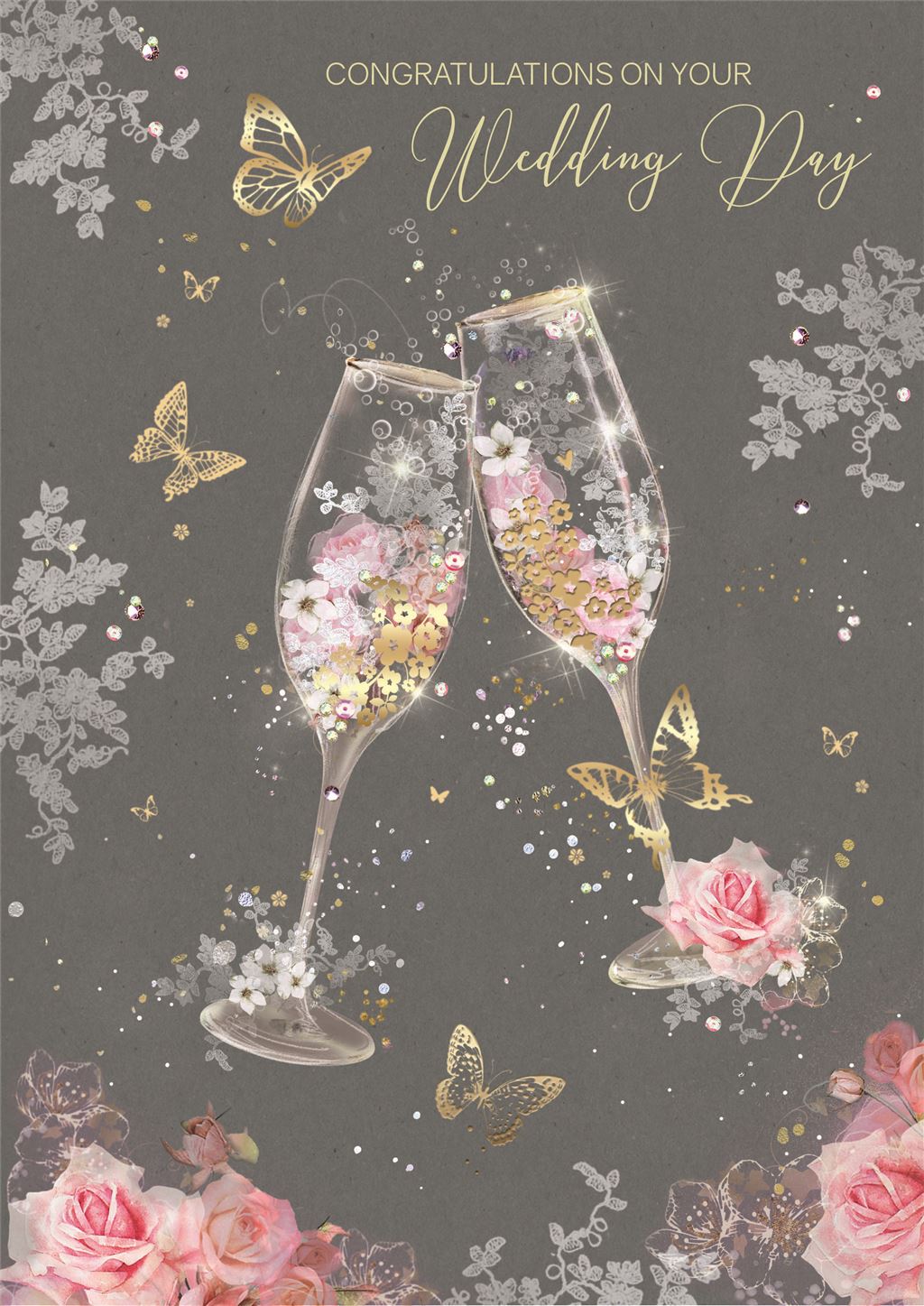 Champagne Glasses & Butterflies Wedding Day Congratulations Card