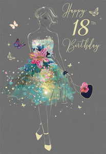 18th Birthday Card, Pretty Dress & Butterflies