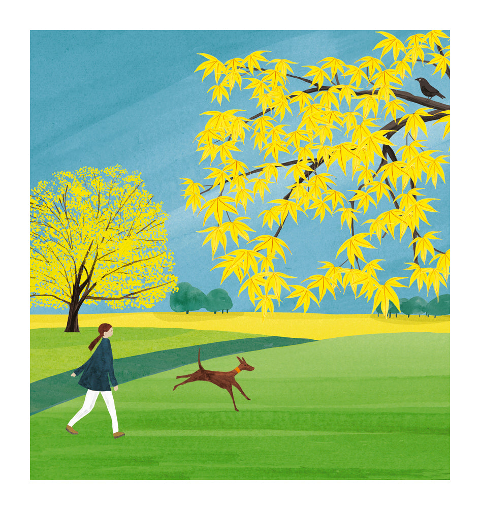 Dog Walker Amongst Yellow Trees Card